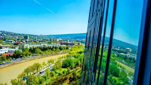 A high-rise building with a view of a river, greenery, and distant cityscape. - King David Residences (Tbilisi)