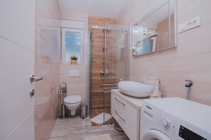 Regadera, secadora de cabello, toallas, papel de baño 