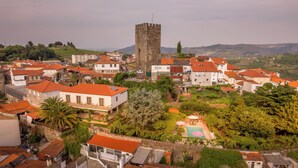 A historic town with a prominent tower, traditional buildings with red-tiled roofs, and a lush green landscape. - Douro Mool Guest House (Lamego)