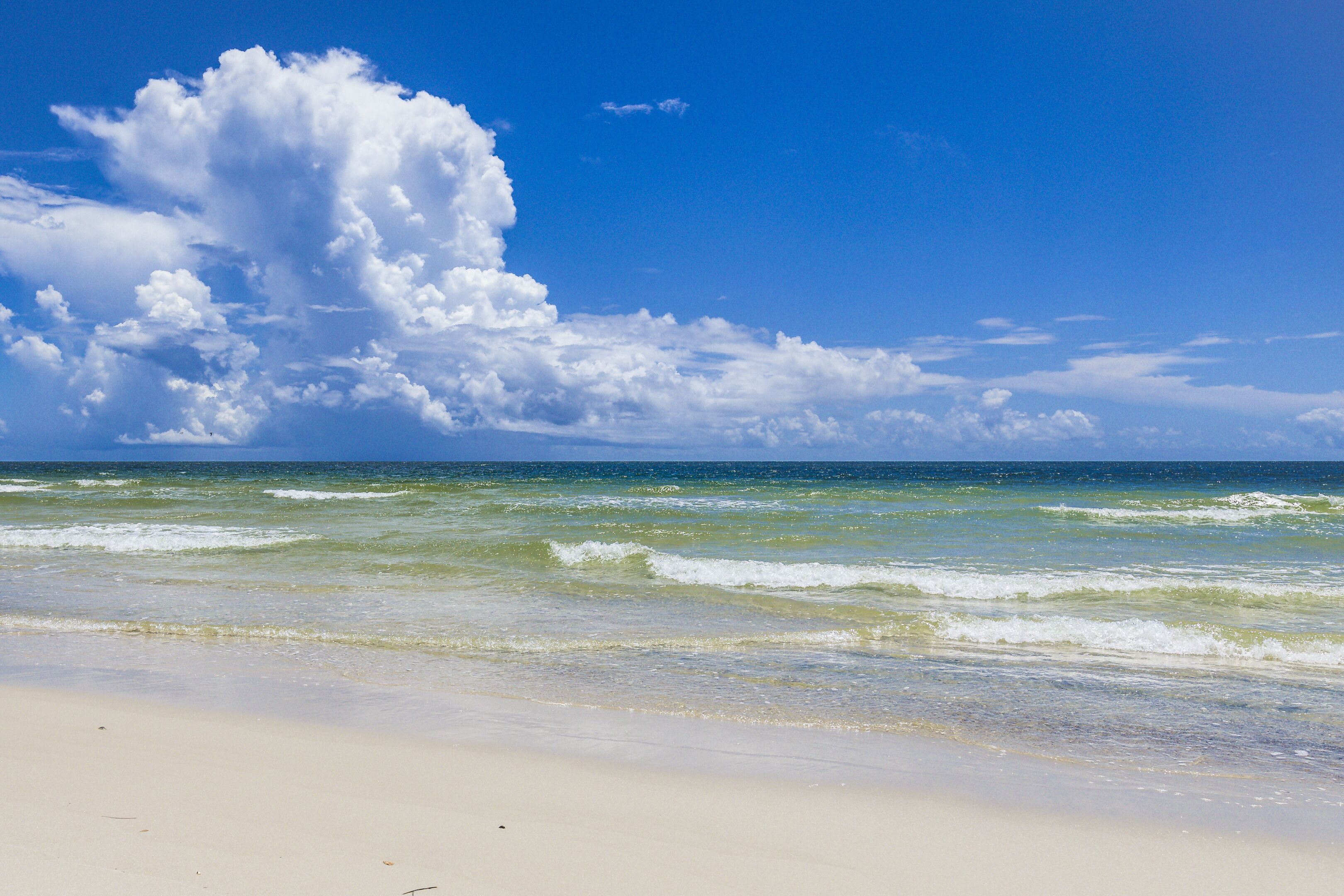 Ein Strand mit klarem Himmel und Wellen.