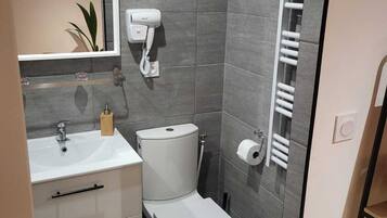 Shower, hair dryer, bathrobes, slippers