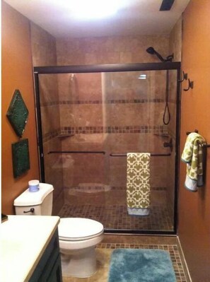 Combined shower/bathtub, towels, toilet paper