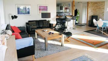 TV, fireplace, table football