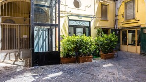 Un patio con adoquinado de piedra, un ascensor de vidrio y plantas en macetas.