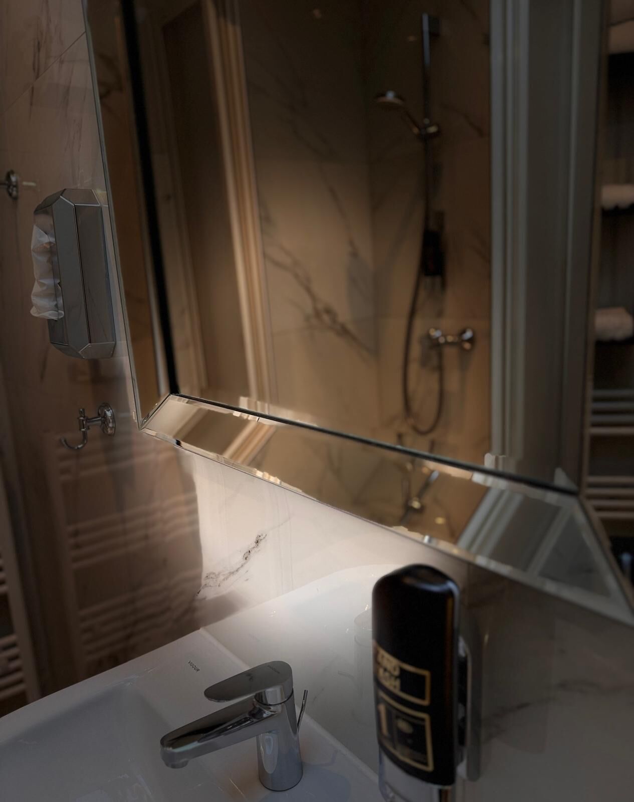Ein Badezimmer mit einer Duschkabine aus Glas, einem modernen Wasserhahn und einer Handseifenflasche auf dem Waschbecken.