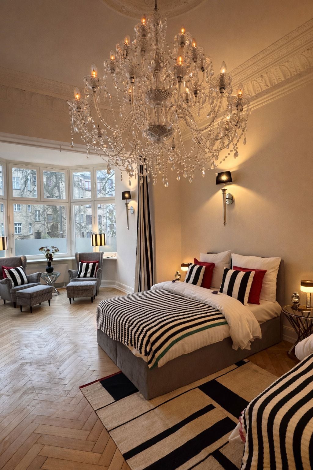 Un'ampia camera da letto con un letto grande, un lampadario e vista sulla città da ampie finestre.
