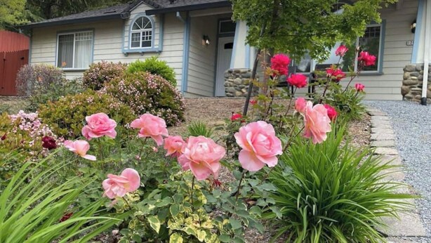 A house with a garden featuring pink roses and various shrubs. - Auburn Party of 8 (Auburn)