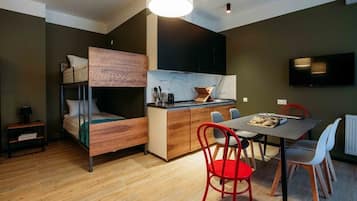 Mini-fridge, electric kettle, toaster, coffee grinder