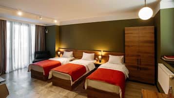 Desk, laptop workspace, free WiFi, bed sheets