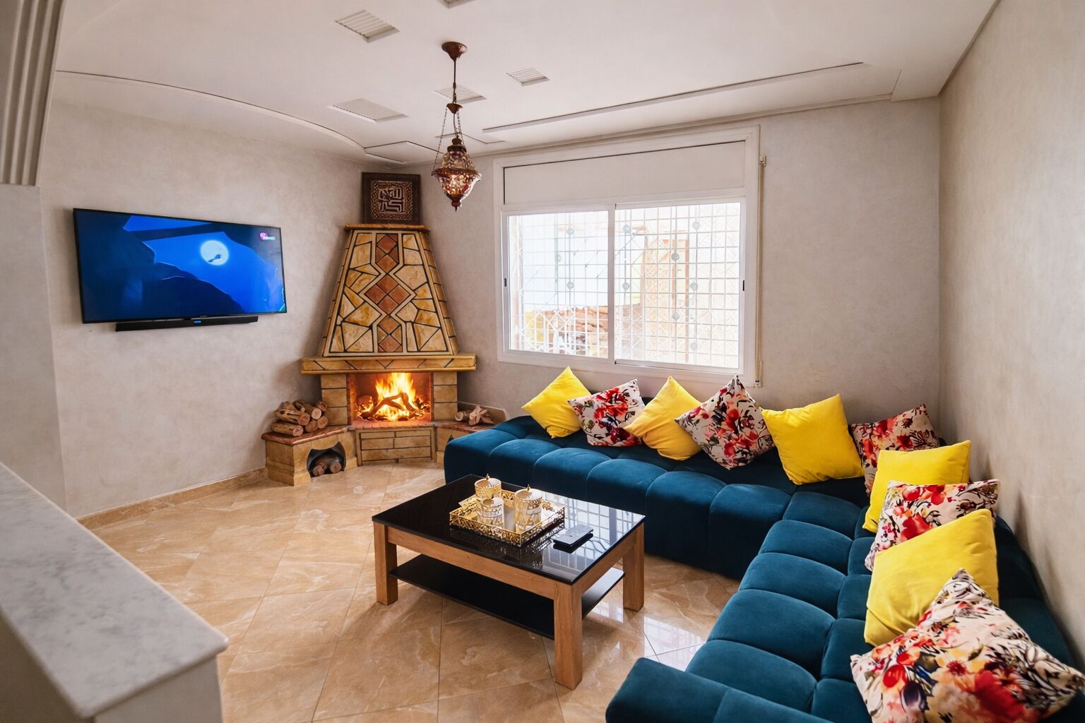 TV connectée, cheminée, livres, chaîne hi-fi