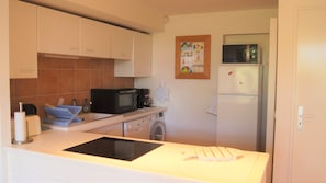 A compact kitchen with a microwave, coffee maker, and a washing machine. - Garden level in beautiful villa at Le Canon, (Cap Ferret) Bassin d'Arcachon (Lège-Cap-Ferret)