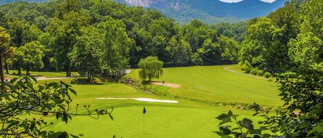 A golf course with a flag, trees, and mountains in the background.