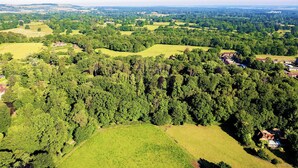 Eine Vogelperspektive auf eine ländliche Landschaft mit sanften grünen Hügeln, vereinzelten Bäumen und einigen Gebäuden.