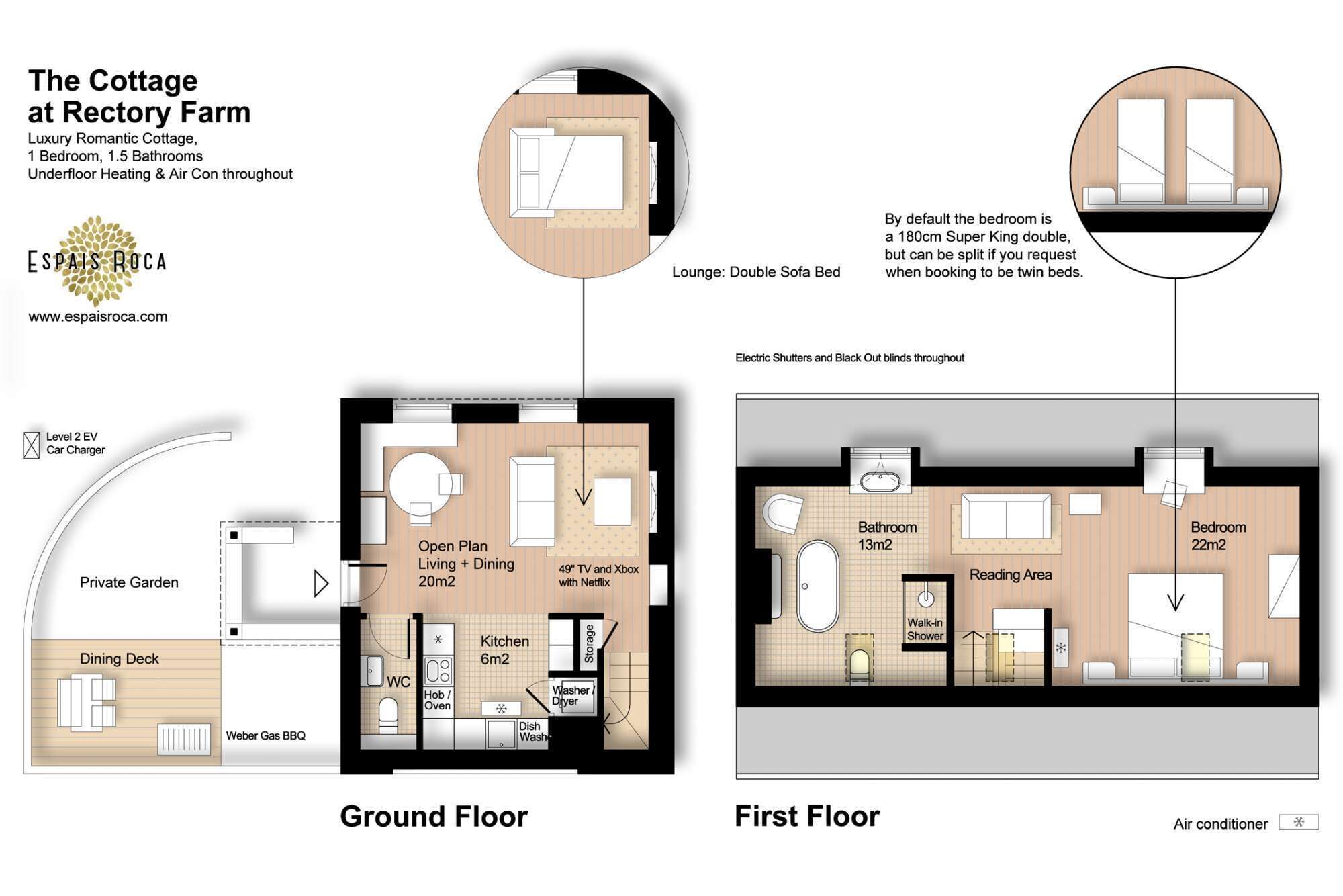 A luxury romantic cottage with 1 bedroom, 1.5 bathrooms, and underfloor heating. It includes a private garden, dining deck, and a kitchen with a hob oven.