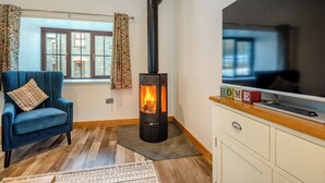A room with a blue armchair, a fireplace, a window with curtains, and a TV on a wooden cabinet. - 2 bedroom accommodation in Lampeter (Lampeter)