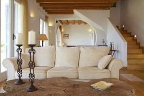 TV, fireplace - Aegean wonder: Villa Phivi, 5 bedrooms, private pool, Andros, Greece (Andros)