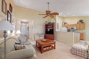 TV, fireplace, ping pong, books