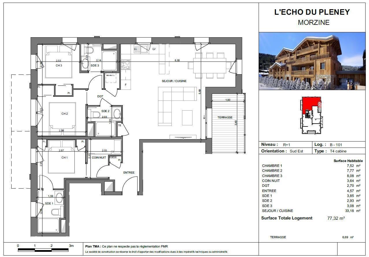 A floor plan of L'Echo du Pleney, Morzine, including room layouts and dimensions.