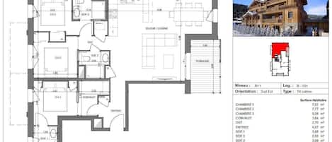 A floor plan of L'Echo du Pleney, Morzine, including room layouts and dimensions.