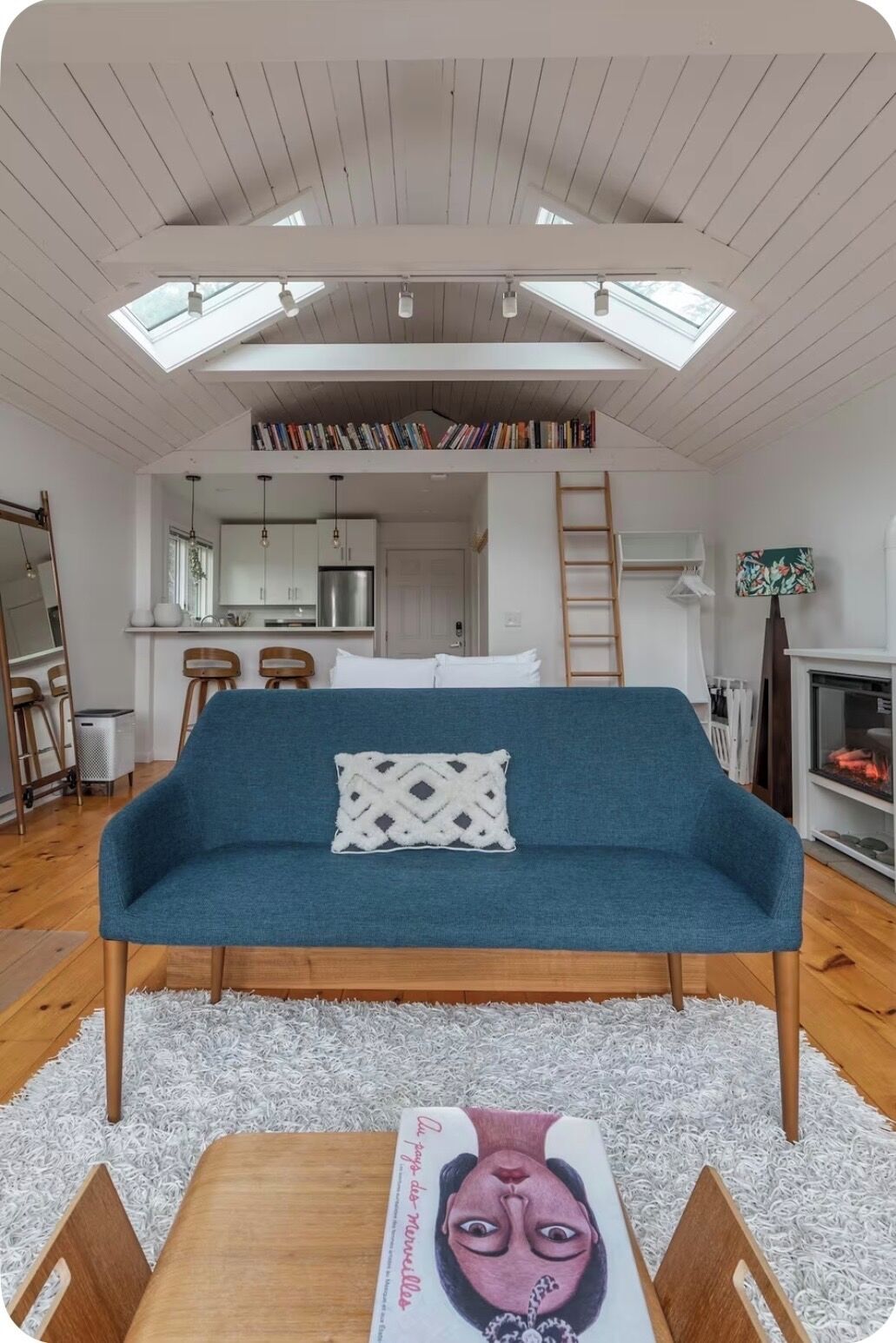 Smart-TV, Kamin, Bücher, Stereoanlage