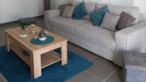 Una sala de estar con un sofá gris, una mesa de centro de madera y una alfombra azul.