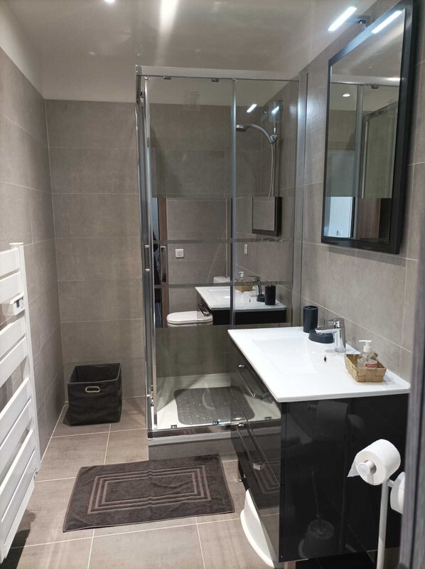 Hair dryer, towels, soap, toilet paper