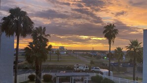 A swimming pool with a sunset view, surrounded by palm trees and a covered patio area. - Lovely, beach view condo (Corpus Christi)