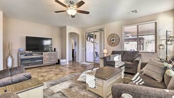 TV, fireplace, video games, DVD player