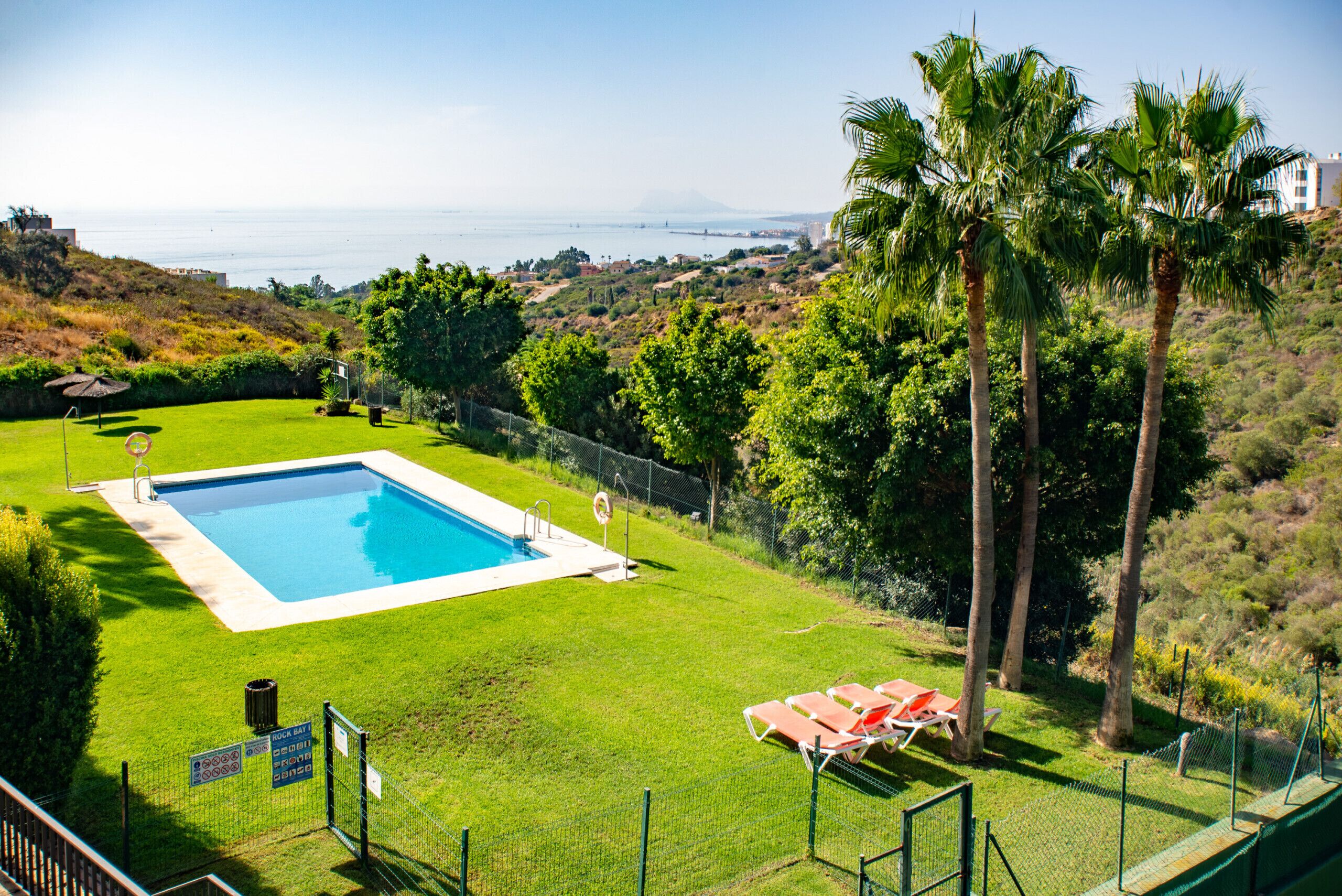 Una piscina con vista al océano, rodeada de palmeras y un césped con sillas de descanso.