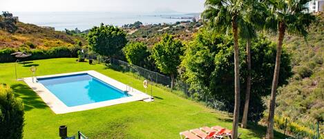 Una piscina con vista al océano, rodeada de palmeras y un césped con sillas de descanso.