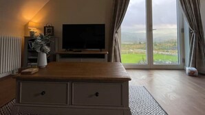 A living room with a flat-screen TV, a wooden cabinet, a radiator, and a view of a green landscape through a large sliding glass door.