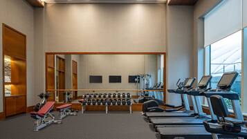 A gym with treadmills, weight benches, and dumbbells.