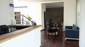 Un área de recepción con mostrador, una zona de estar con sofá y sillones, y un pasillo que conduce a otras habitaciones.