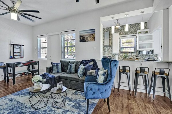 Smart TV, fireplace, foosball, books
