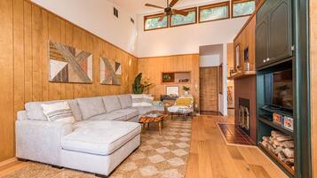 Smart TV, fireplace, video games, DVD player