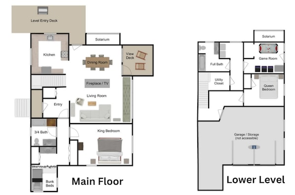 A two-floor layout of a hotel with a main floor including a kitchen, dining room, living room, fireplace, entry, 3/4 bath, king bedroom, and bunk beds. The lower level features a solarium, full bath, game room, queen bedroom, utility closet, and a garage/storage area.