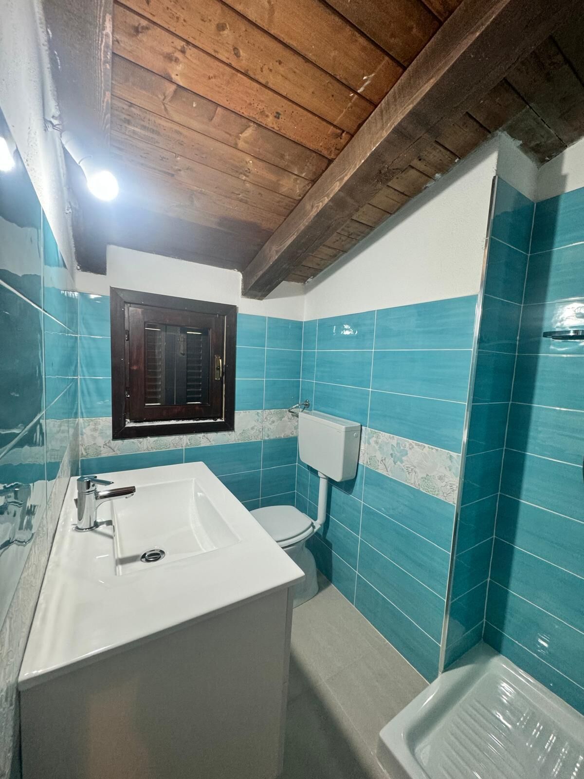 Une salle de bain avec un lavabo blanc, des toilettes et un espace douche.