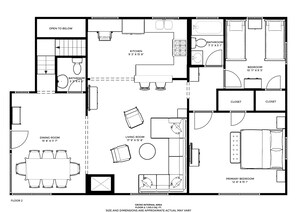 A floor plan of a hotel room with a dining area, kitchen, bathroom, living room, and two bedrooms. - Beach Home-Rooftop Deck-Steps to Sand (Oxnard)