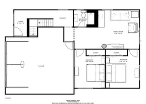 A floor plan of a house with a garage, foyer, hallway, two bedrooms, two closets, a bathroom, and a family room. - Beach Home-Rooftop Deck-Steps to Sand (Oxnard)