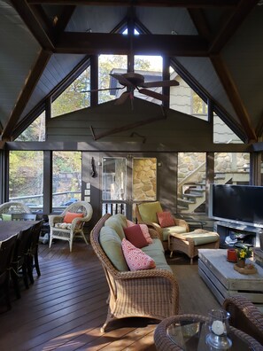 智能电视、壁炉、DVD 播放器、书