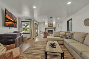 Smart TV, fireplace, books