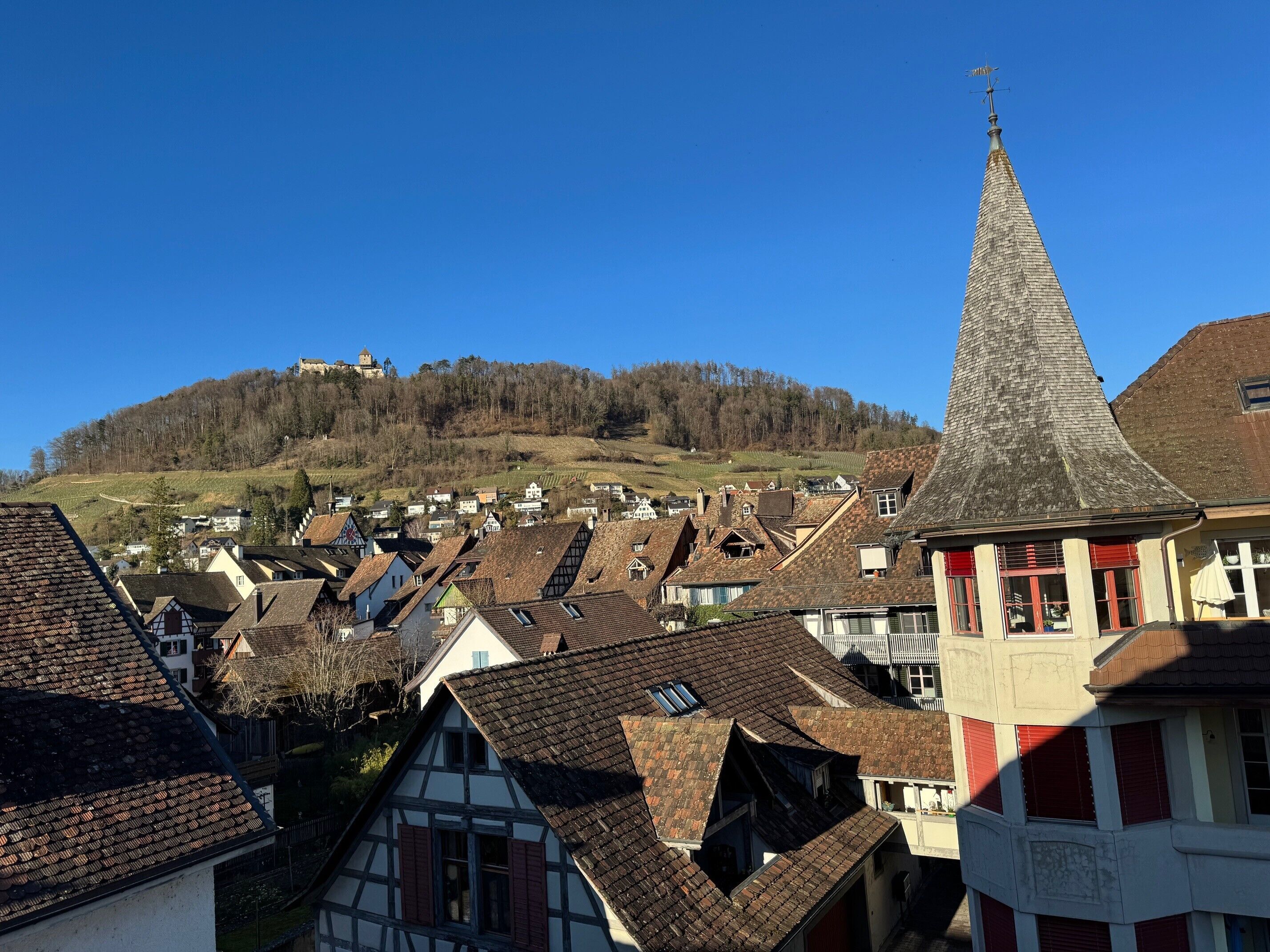 A traditional European village with a prominent church steeple, surrounded by houses with steeply pitched roofs.