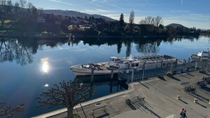Un río tranquilo con una barca amarrada en un muelle, rodeado de un parque y edificios residenciales.