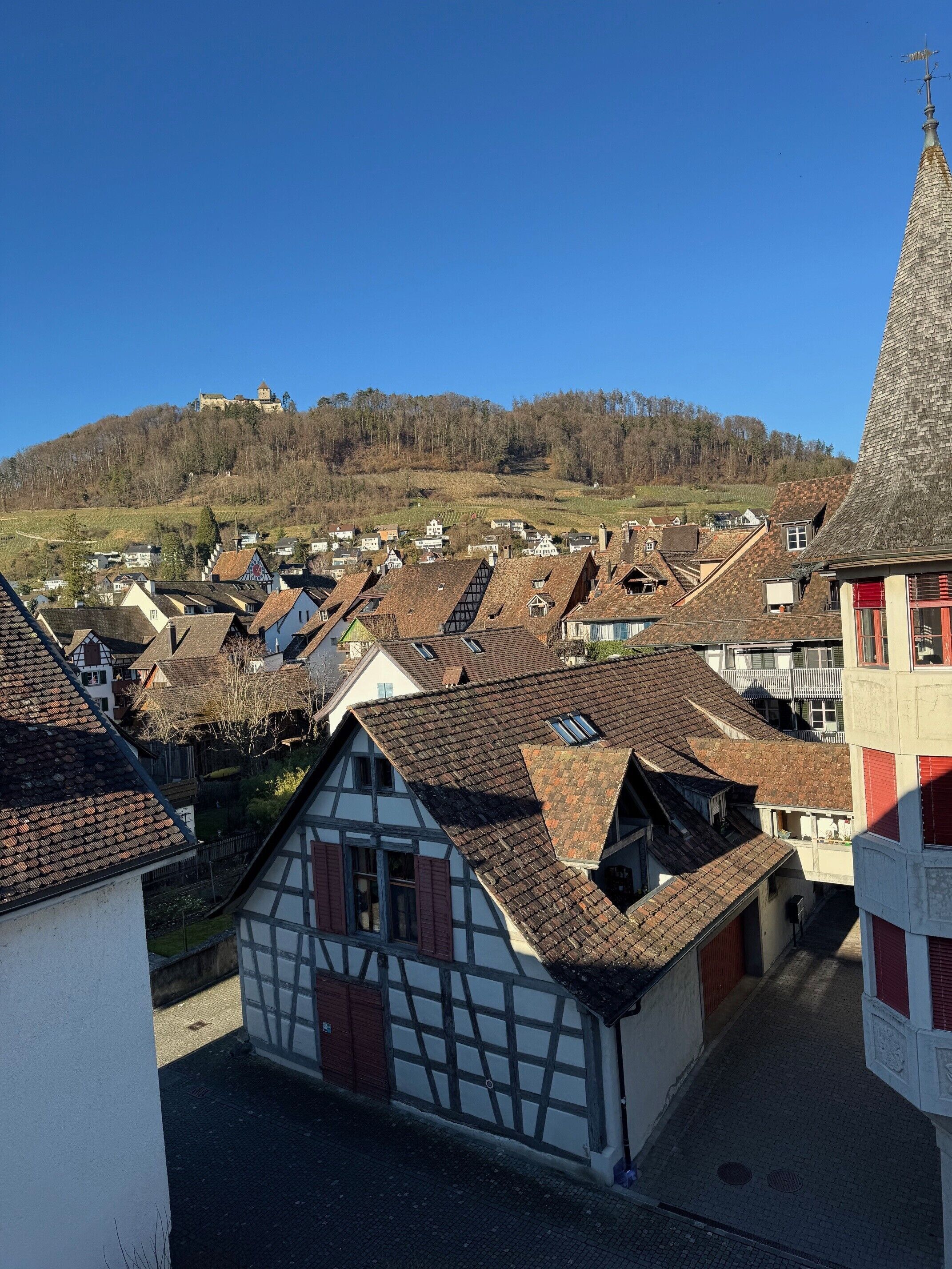 A traditional European village with timber-framed houses, a church with a pointed steeple, and a hill with a castle in the background.