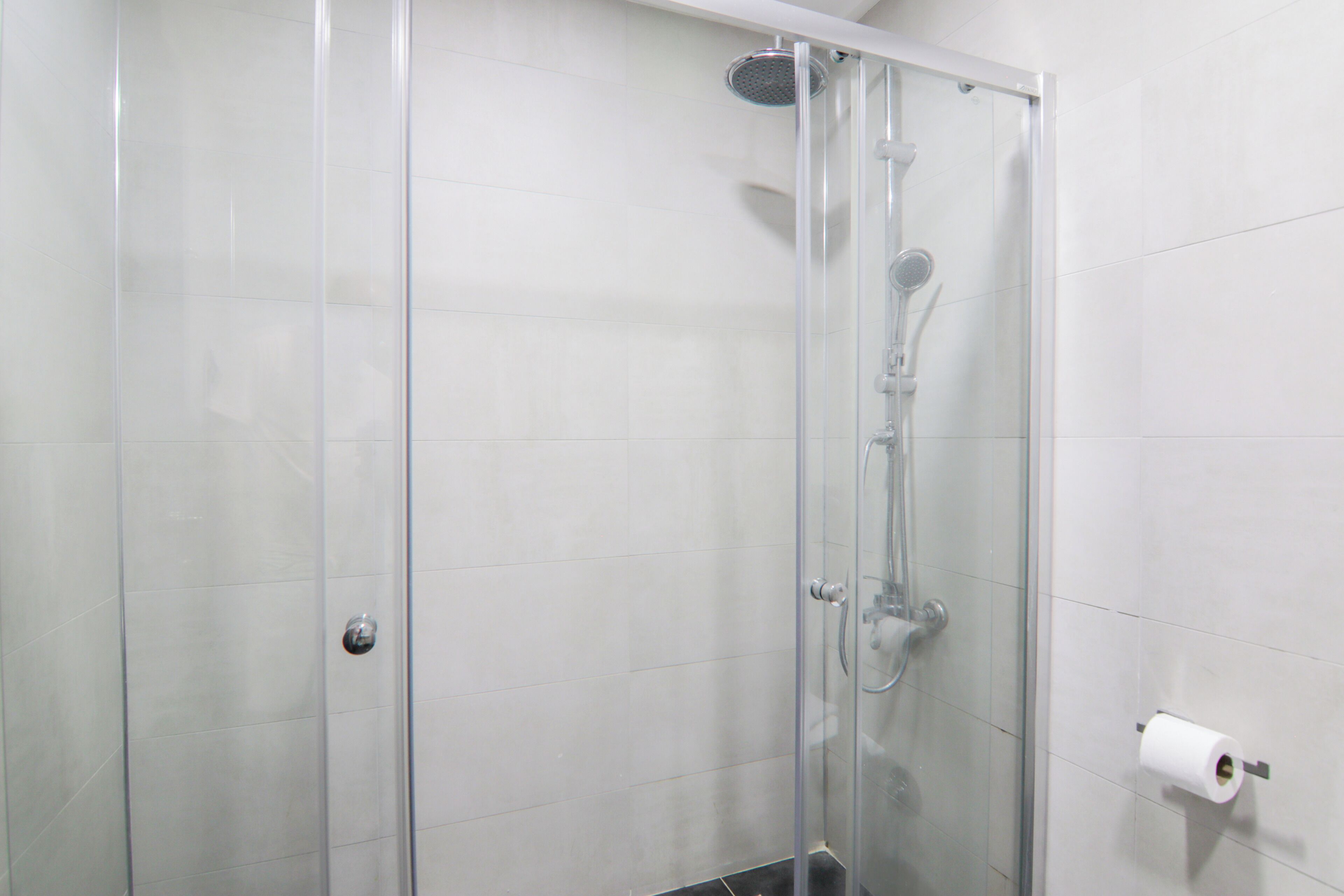 A glass-enclosed shower stall with a showerhead, handheld shower, and a toilet paper holder on the wall.