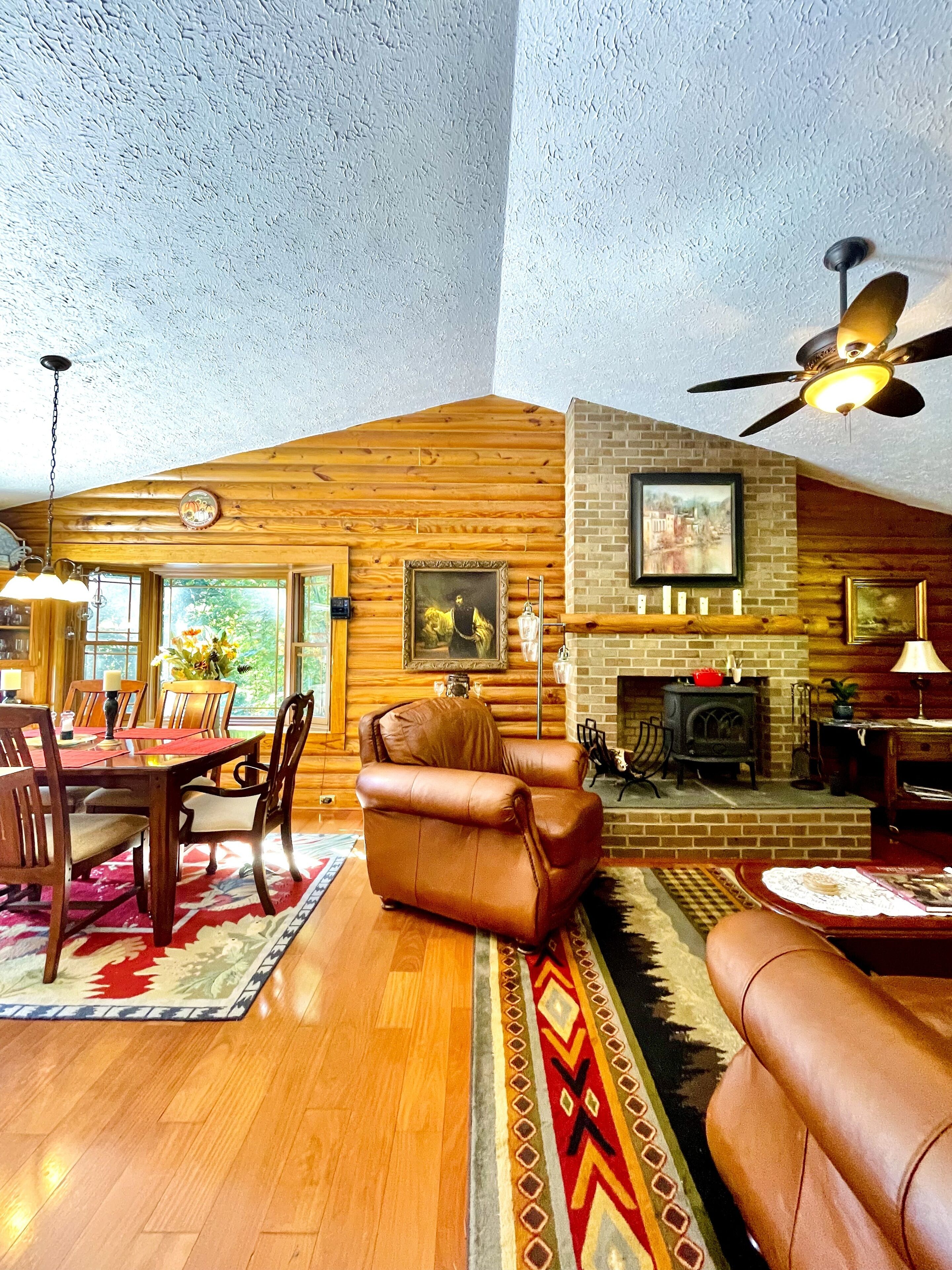 Una televisión, una chimenea, un reproductor de DVD