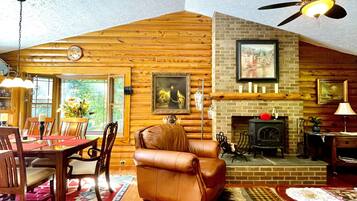 Televisión, chimenea y reproductor de DVD