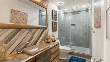 Shower, hair dryer, bidet, towels