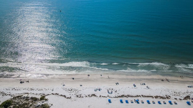 An aerial view of a beach with clear skies, calm waters, and a sandy shore with several people and blue lounge chairs. - 🌴HEATED POOL AND JACUZZI FOR YEAR ROUND RELAXATION ON OCEAN FRONT BEACH⛱️ 
 (Indian Shores)
