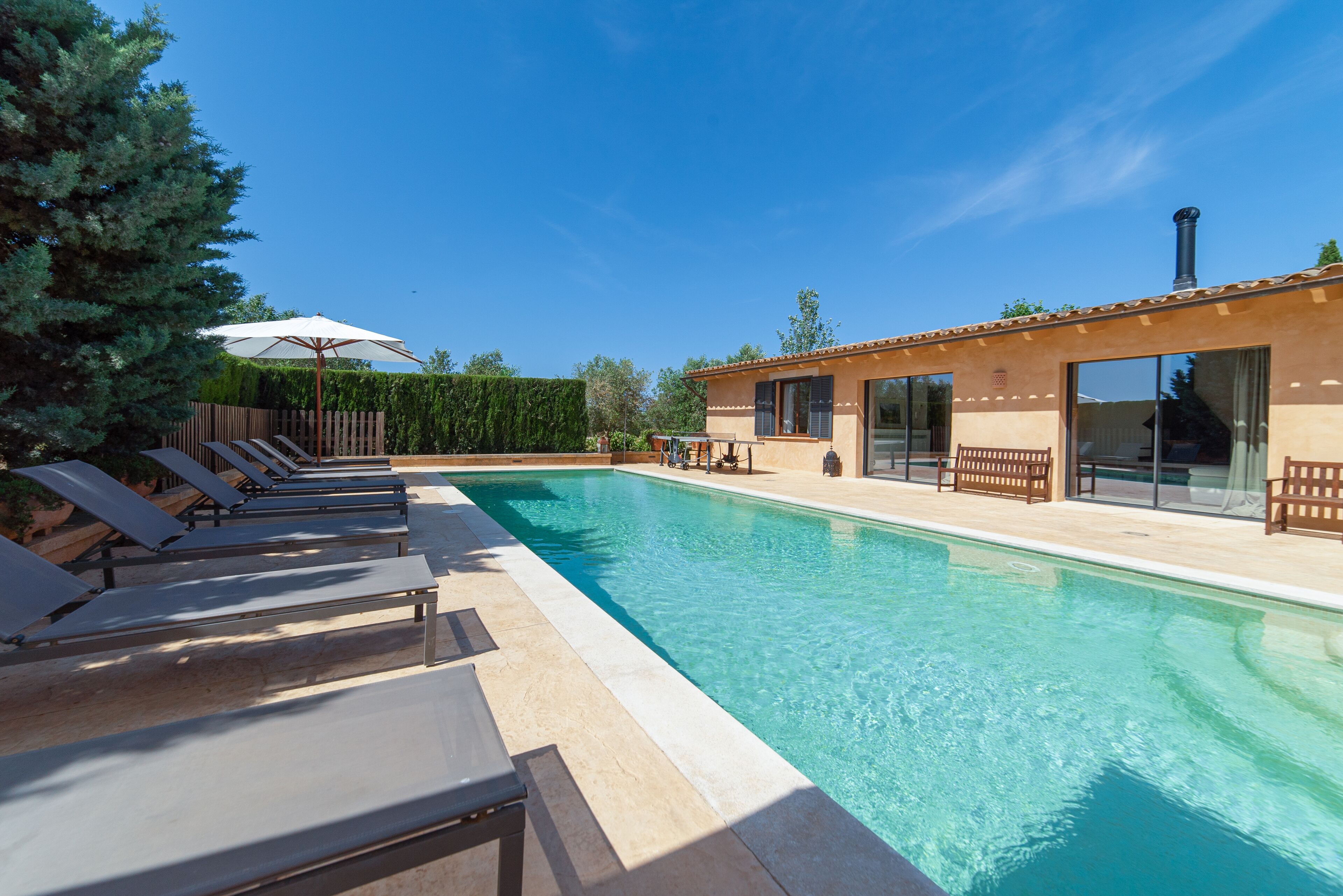 Une piscine avec des chaises longues et un bâtiment doté de grandes fenêtres.